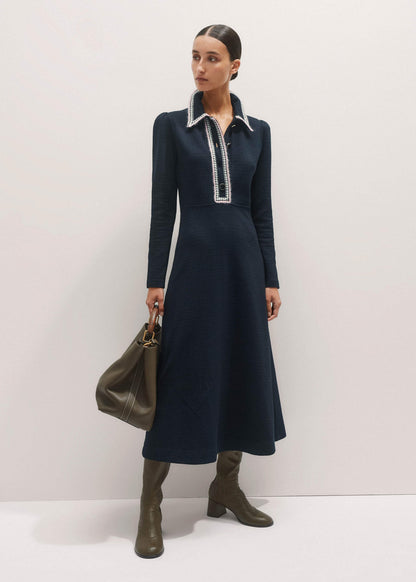 ME+EM Navy Crochet Trim Fit and Flare Midi Dress