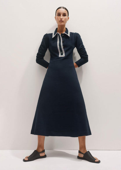 ME+EM Navy Crochet Trim Fit and Flare Midi Dress