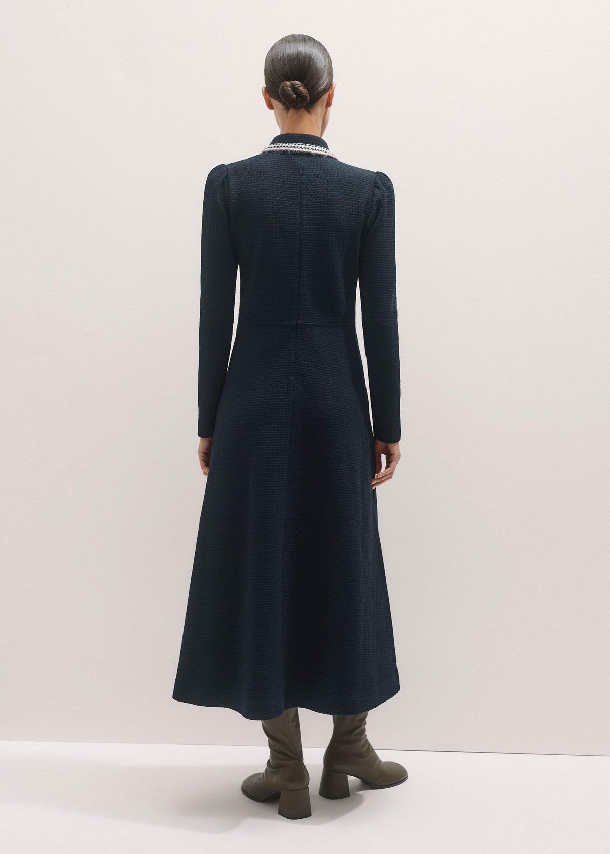 ME+EM Navy Crochet Trim Fit and Flare Midi Dress