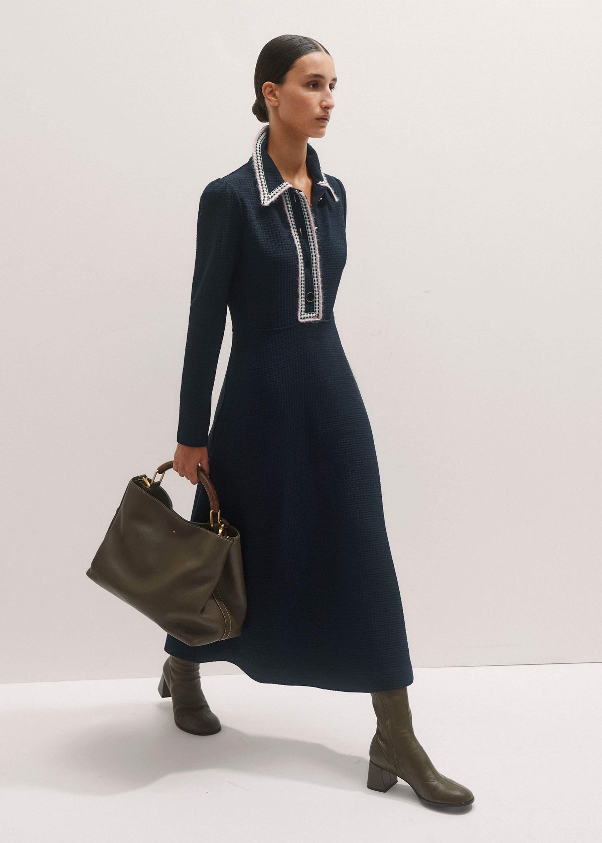 ME+EM Navy Crochet Trim Fit and Flare Midi Dress