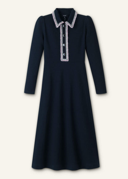 ME+EM Navy Crochet Trim Fit and Flare Midi Dress