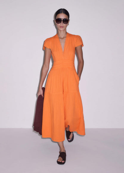 ME+EM Orange Cheesecloth Fit + Flare Maxi Dress