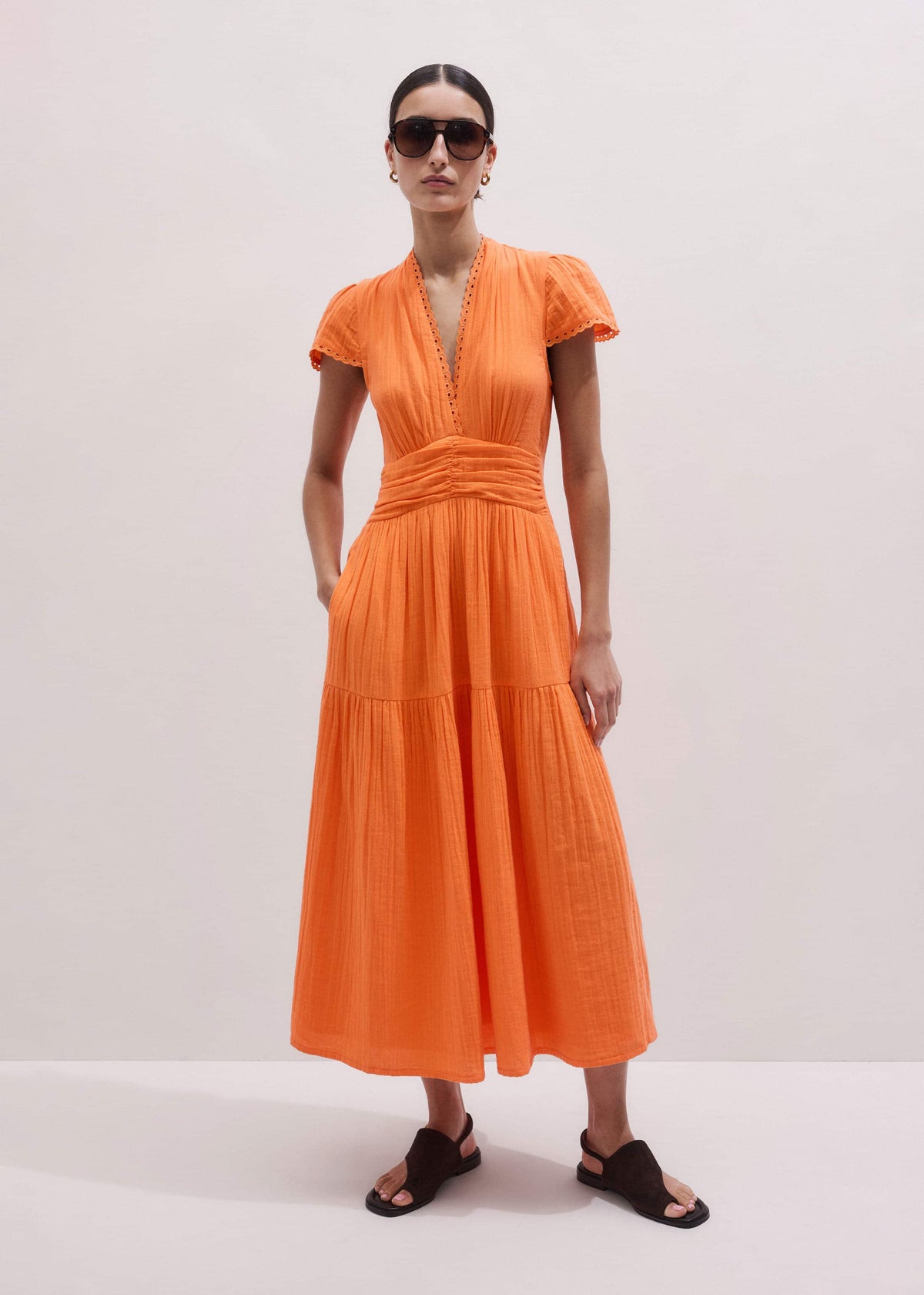ME+EM Orange Cheesecloth Fit + Flare Maxi Dress