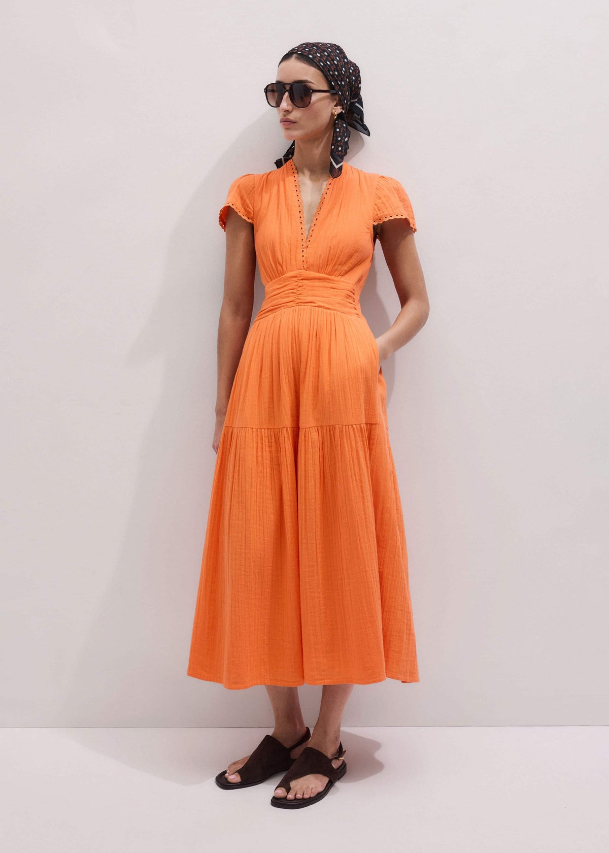 ME+EM Orange Cheesecloth Fit + Flare Maxi Dress