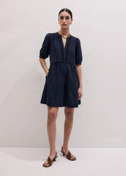 ME+EM Navy Cheesecloth Short Swing Dress