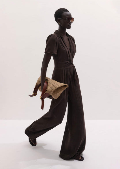 ME+EM Brown Twisted Front Cheesecloth Jumpsuit