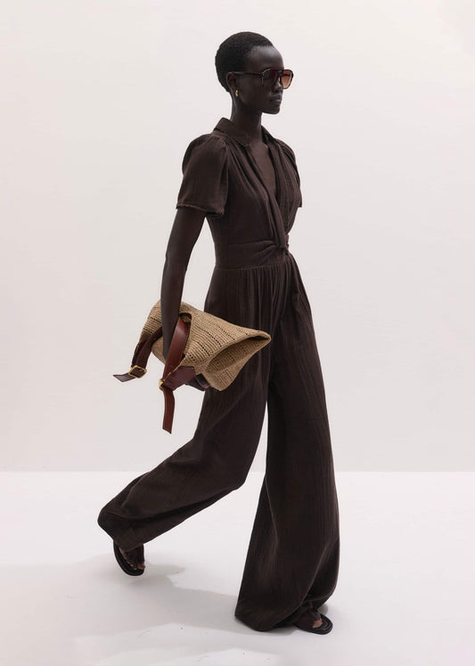 ME+EM Brown Twisted Front Cheesecloth Jumpsuit