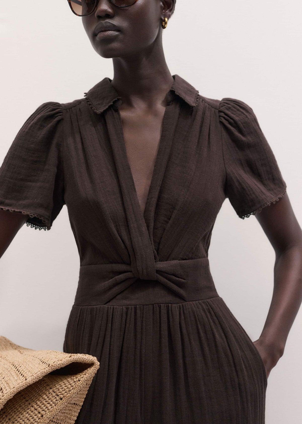 ME+EM Brown Twisted Front Cheesecloth Jumpsuit