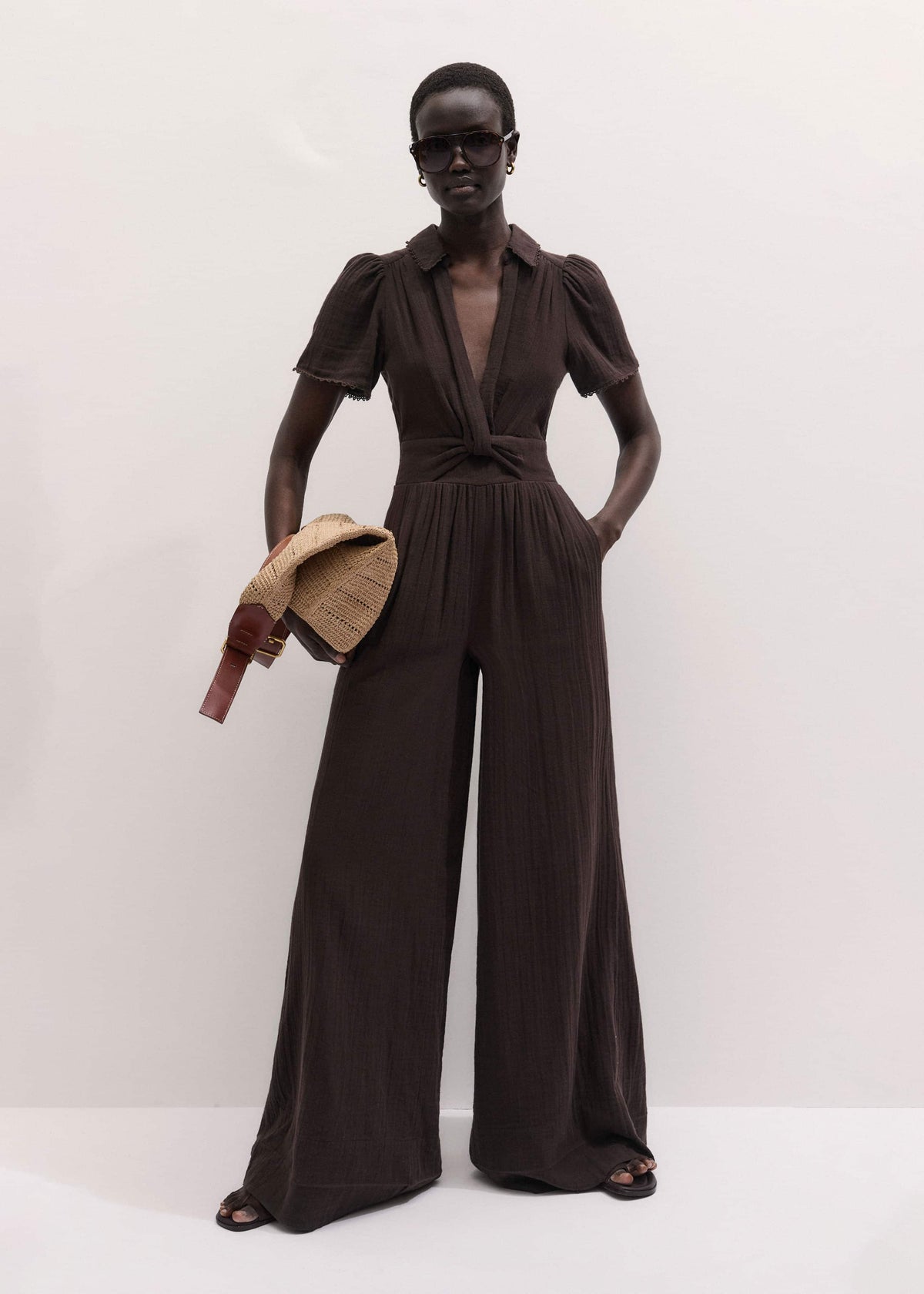 ME+EM Brown Twisted Front Cheesecloth Jumpsuit