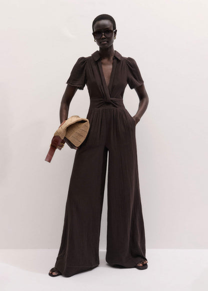 ME+EM Brown Twisted Front Cheesecloth Jumpsuit