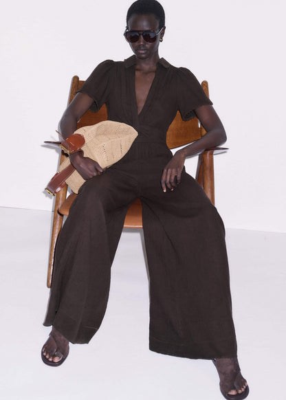 ME+EM Brown Twisted Front Cheesecloth Jumpsuit
