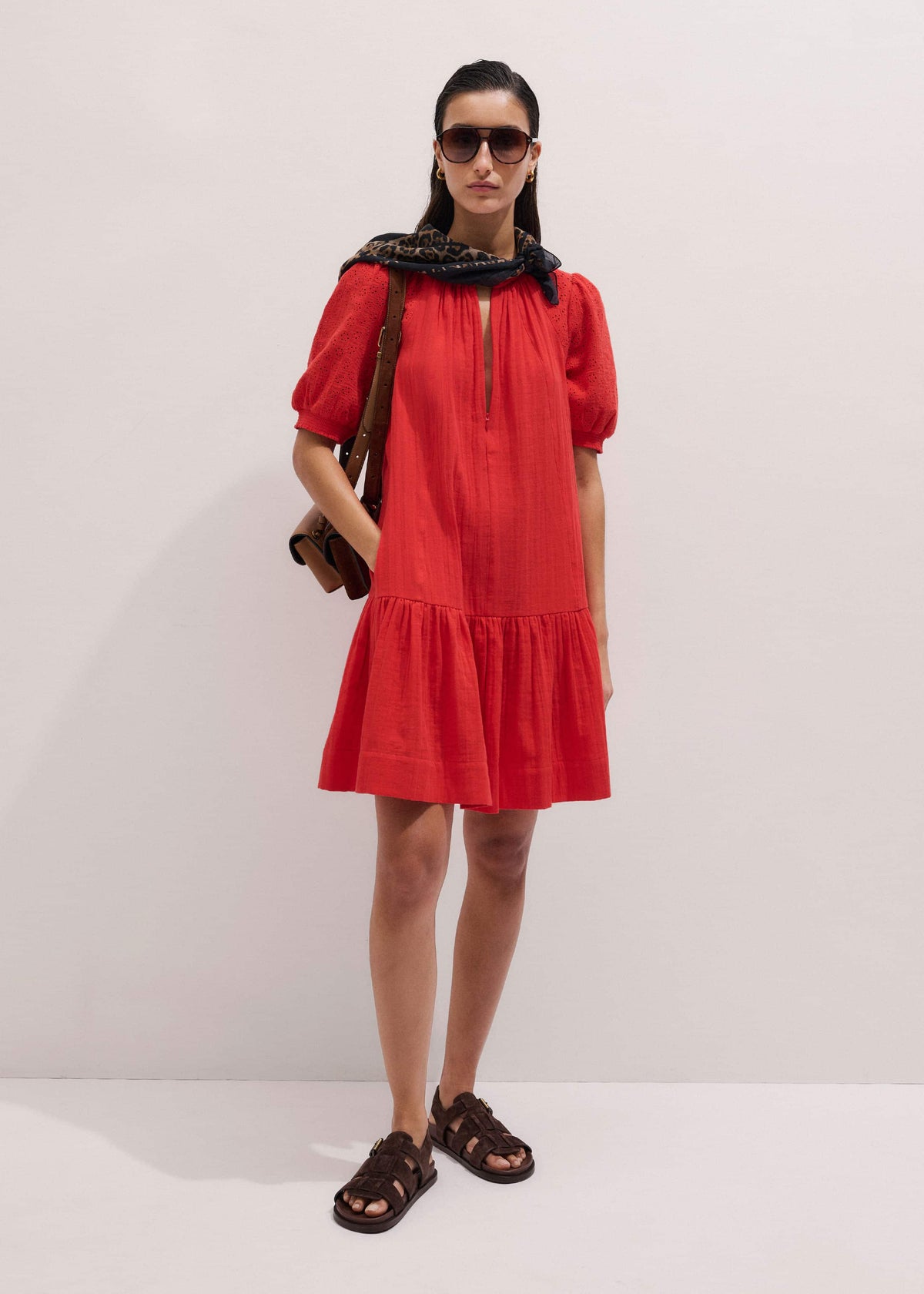 ME+EM Red Embroidered Cheesecloth Short Dress
