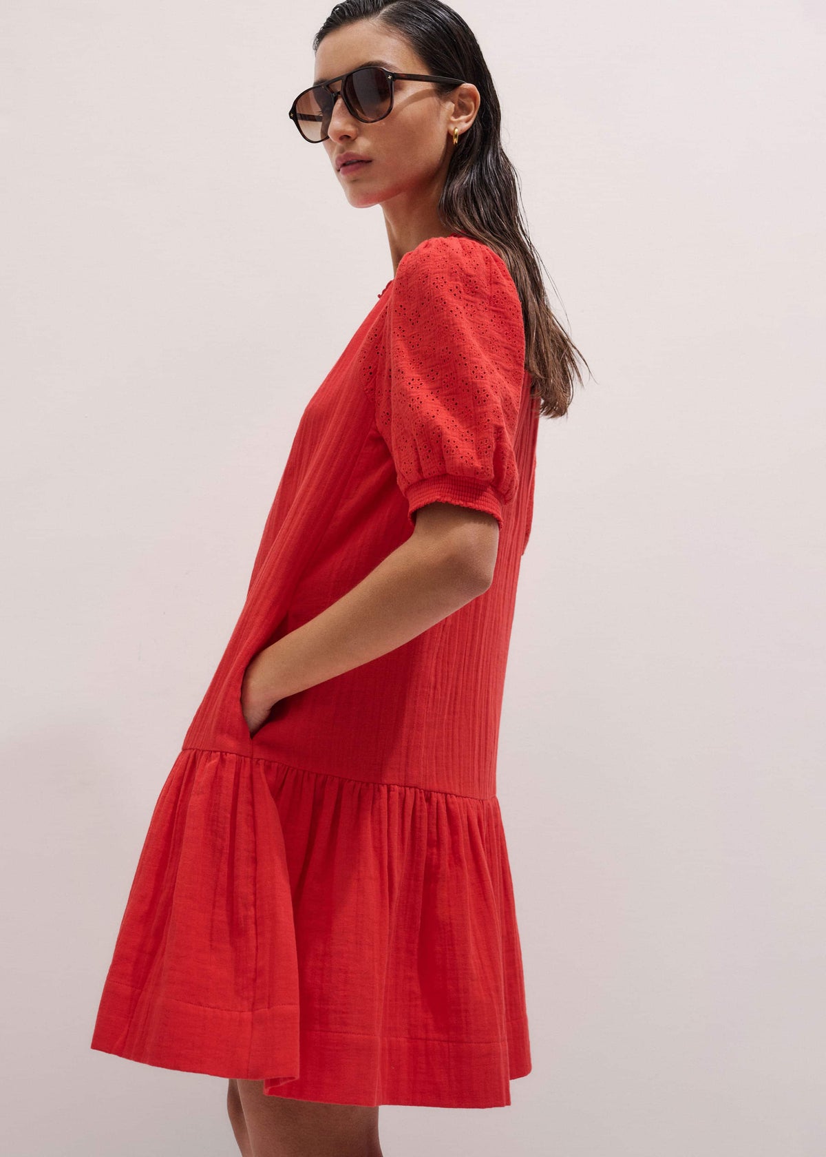 ME+EM Red Embroidered Cheesecloth Short Dress