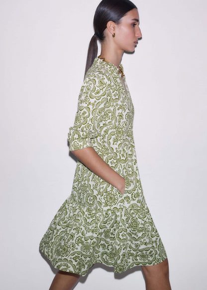 ME+EM Green Entangled Lace Print Tiered Short Dress