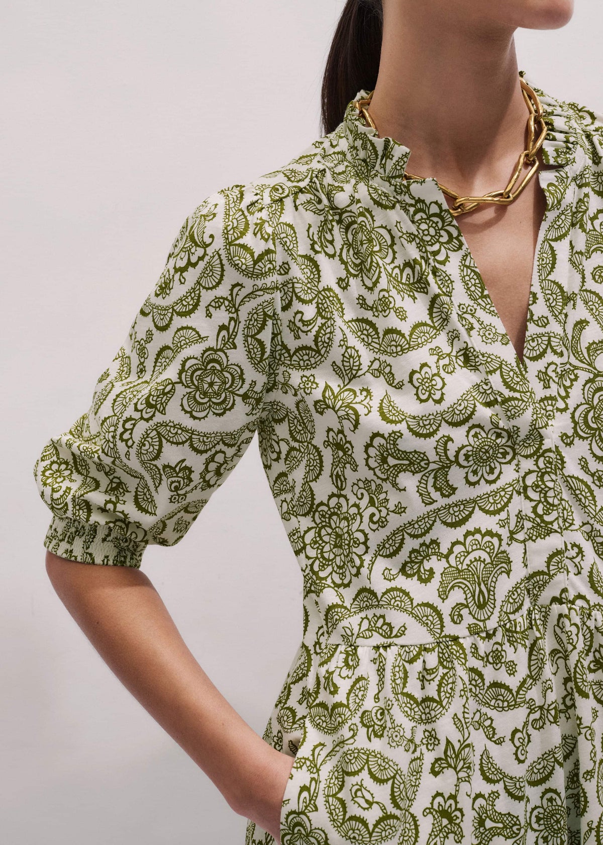 ME+EM Green Entangled Lace Print Tiered Short Dress