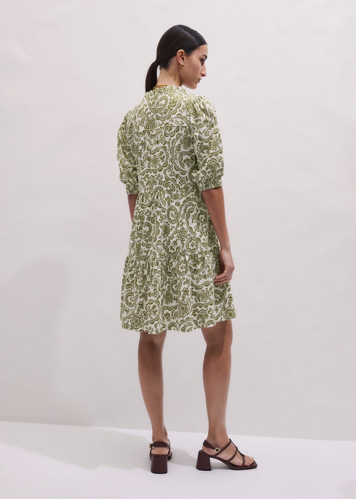ME+EM Green Entangled Lace Print Tiered Short Dress