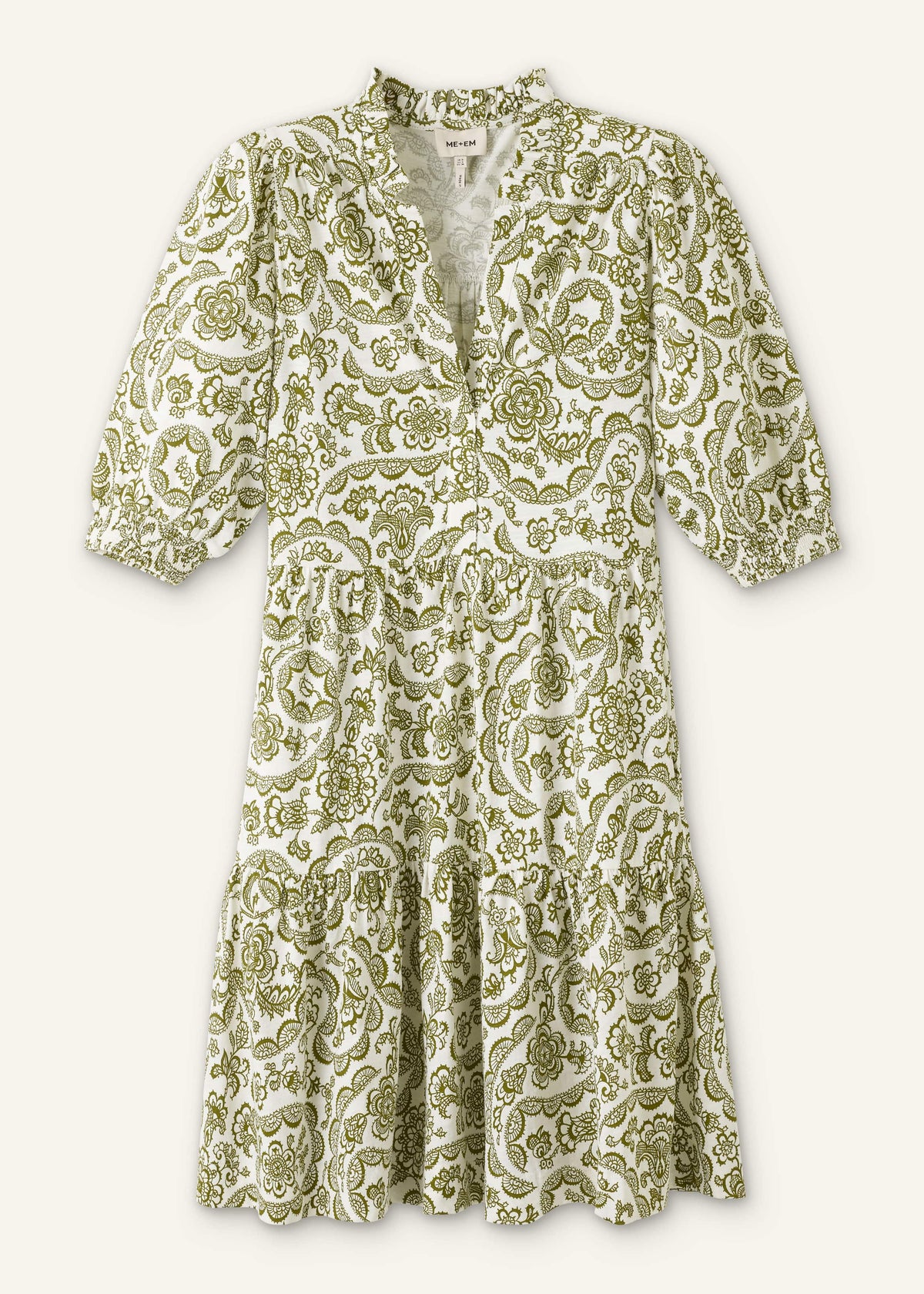 ME+EM Green Entangled Lace Print Tiered Short Dress