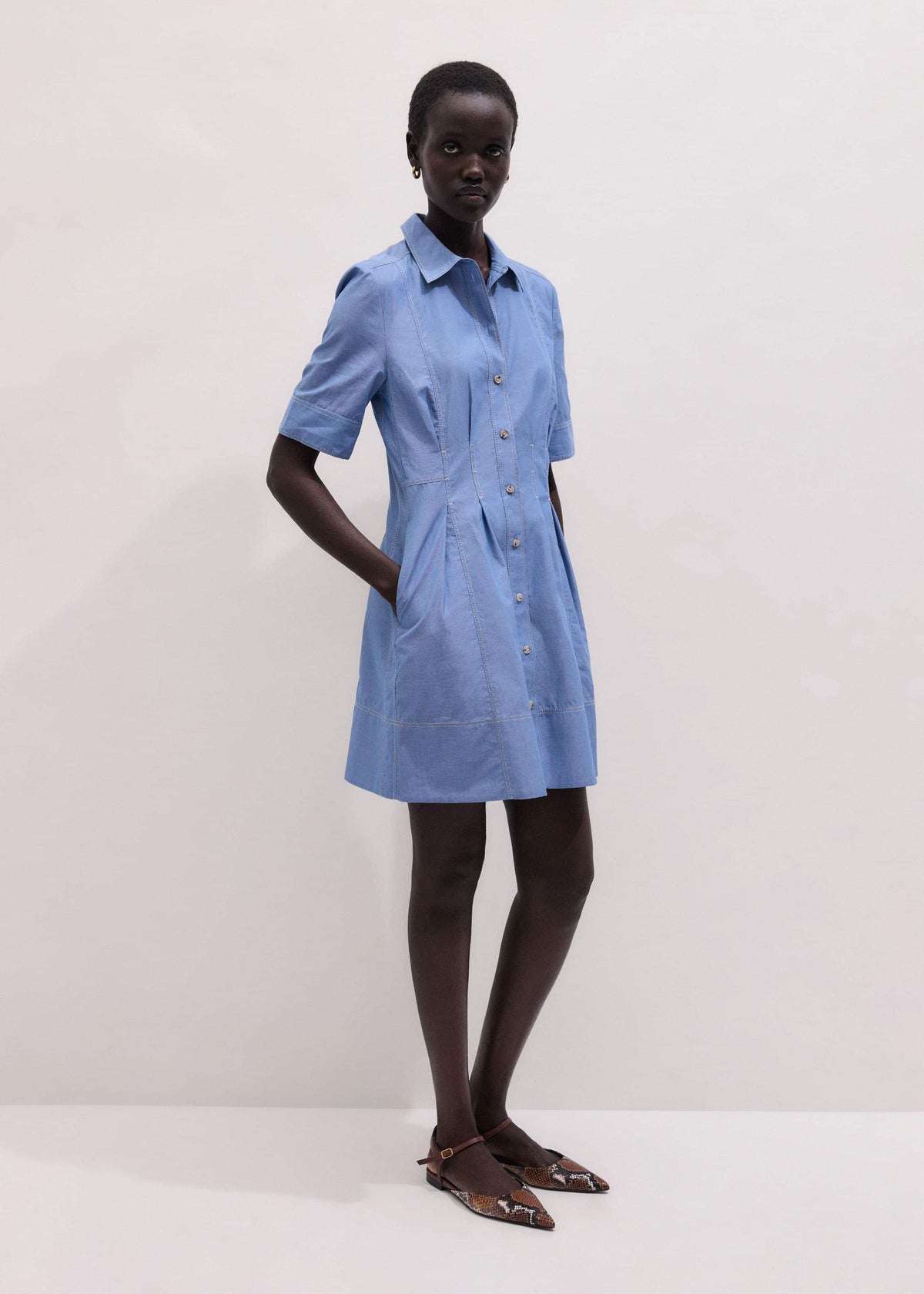 ME+EM Blue Cotton Chambray Mini Shirt Dress