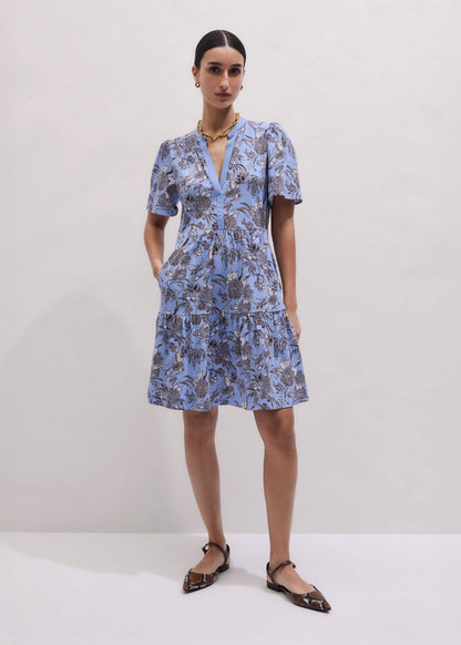 ME+EM Blue Printed Tiered Short Dress