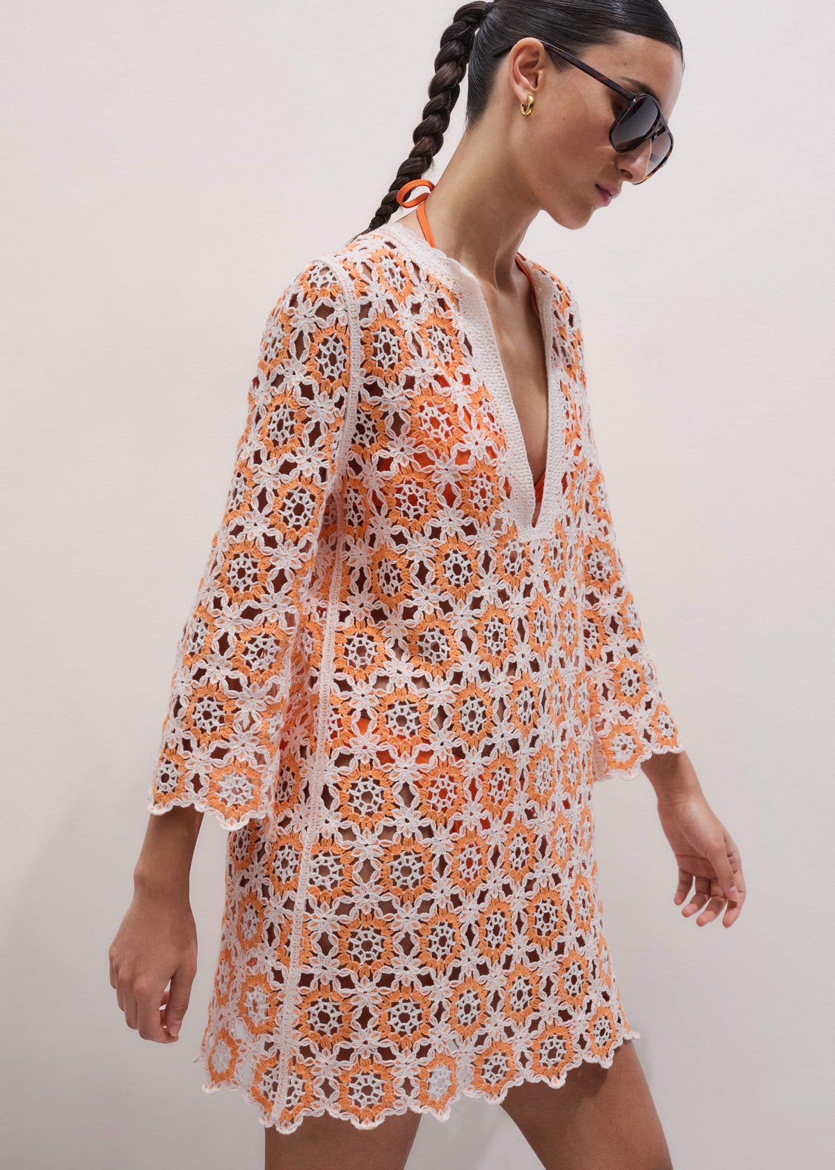 ME+EM Orange Floral Crochet Mini Beach Dress