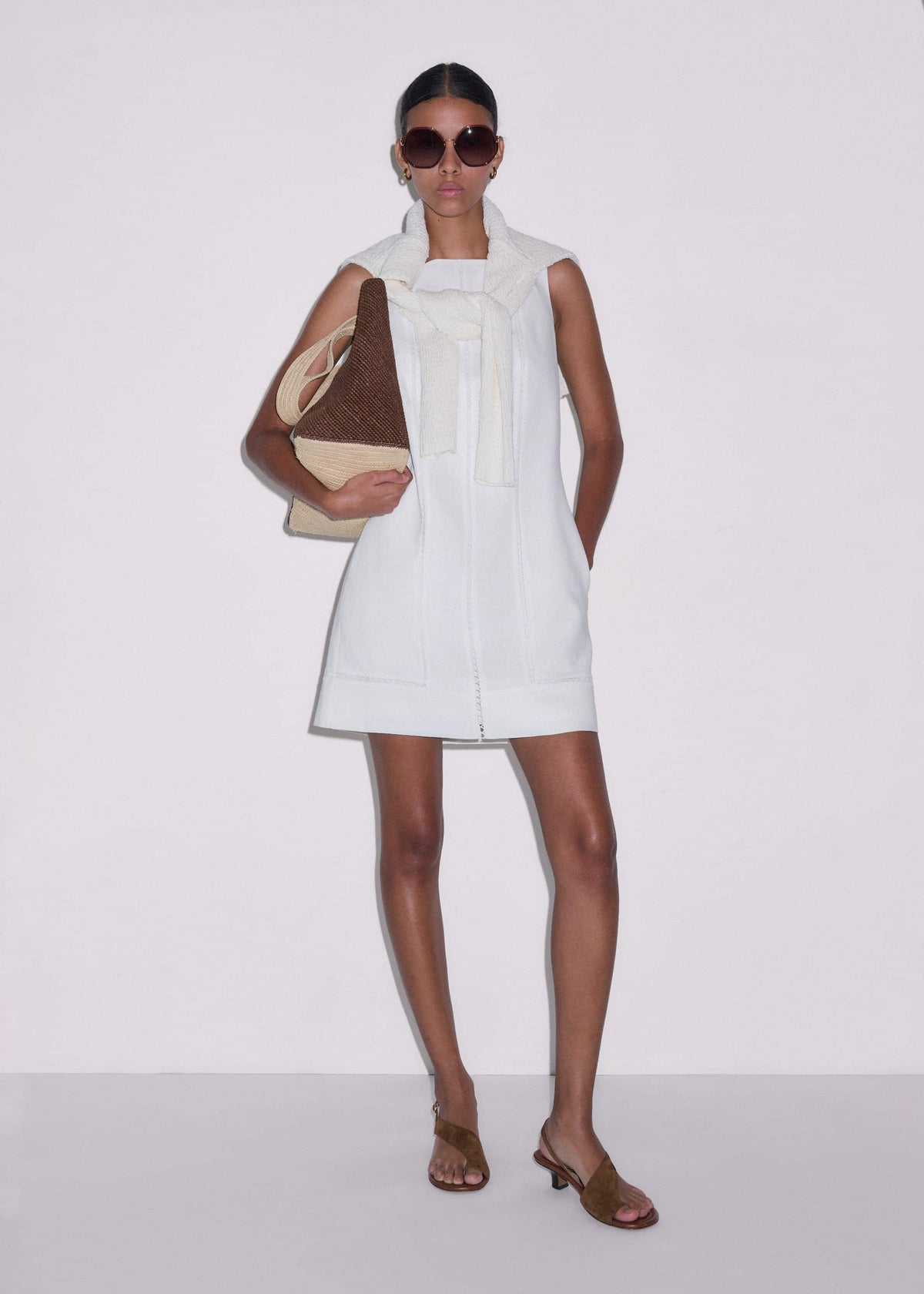 ME+EM White Crease-Less Linen Embroidered Midi Dress