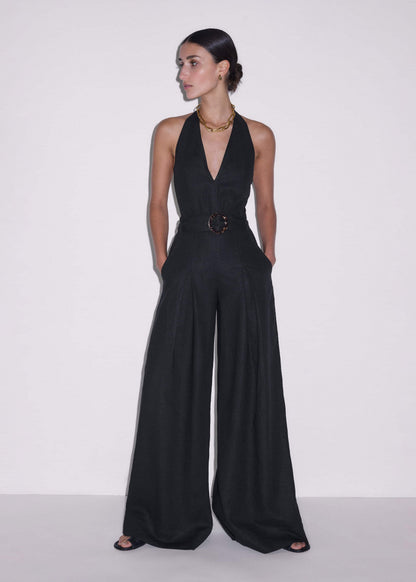ME+EM Black Crease-Less Linen Halterneck Wide Jumpsuit