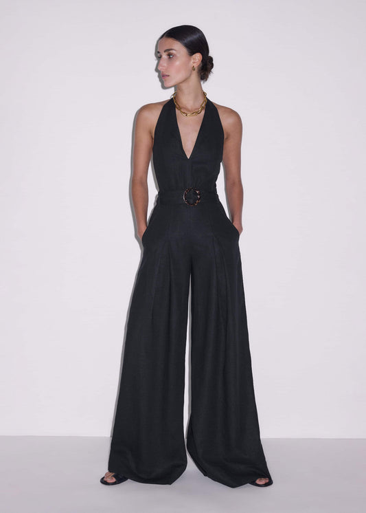 ME+EM Black Crease-Less Linen Halterneck Wide Jumpsuit