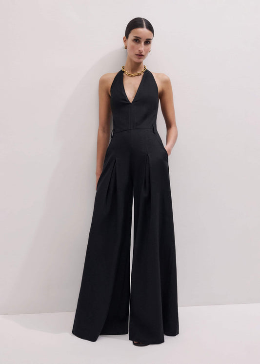 ME+EM Black Crease-Less Linen Halterneck Wide Jumpsuit
