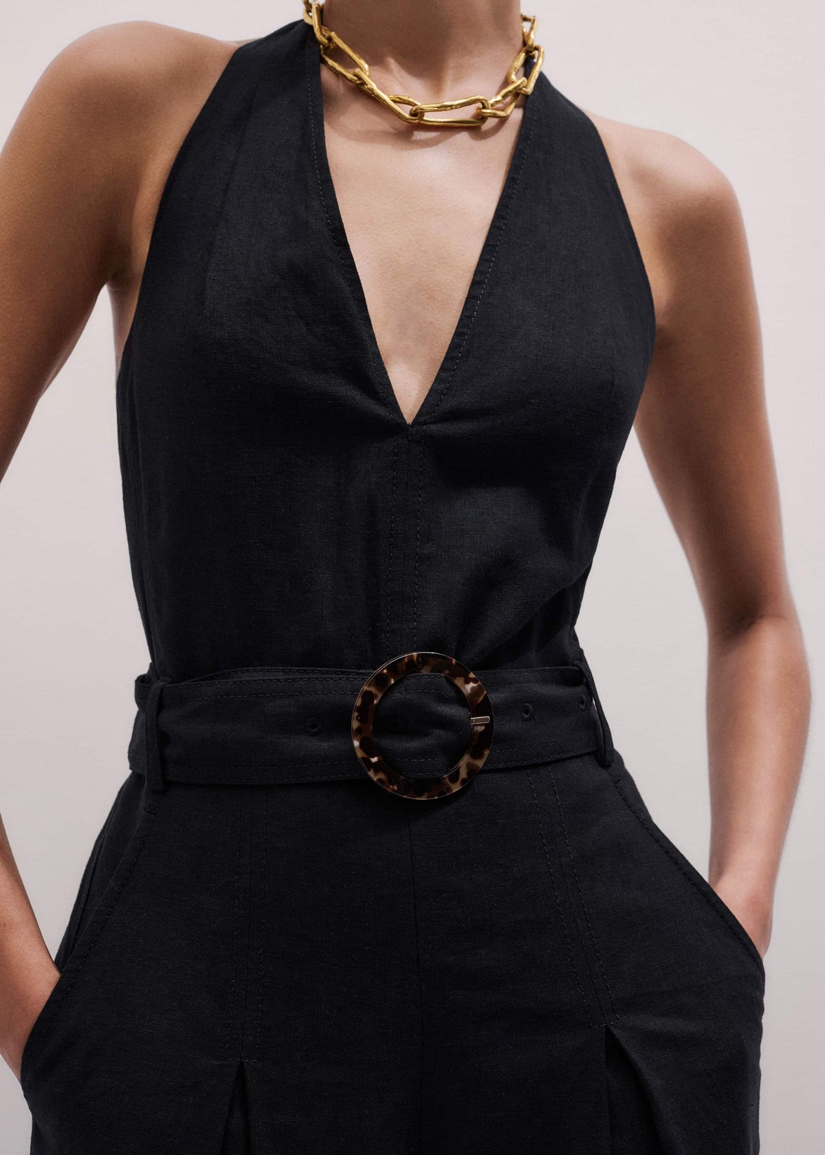 ME+EM Black Crease-Less Linen Halterneck Wide Jumpsuit