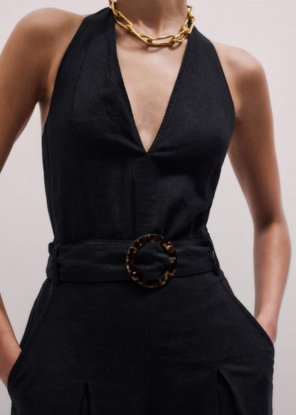 ME+EM Black Crease-Less Linen Halterneck Wide Jumpsuit