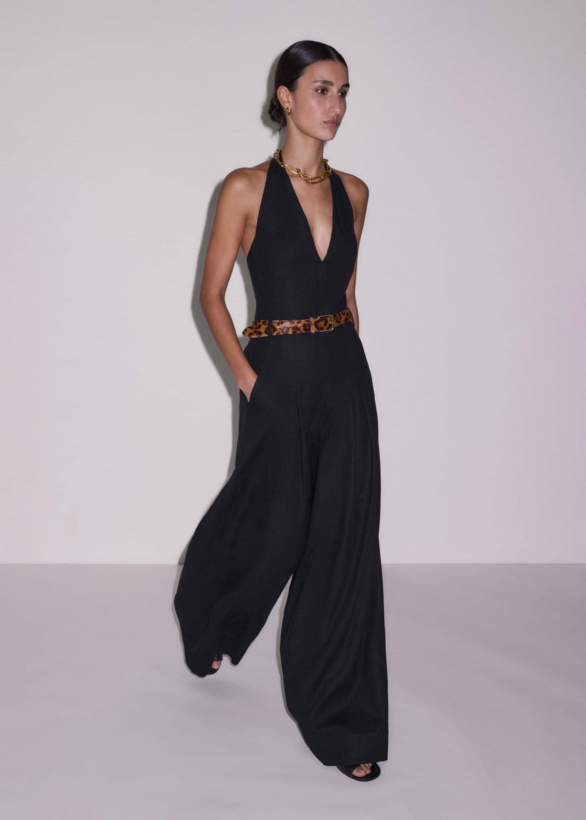 ME+EM Black Crease-Less Linen Halterneck Wide Jumpsuit