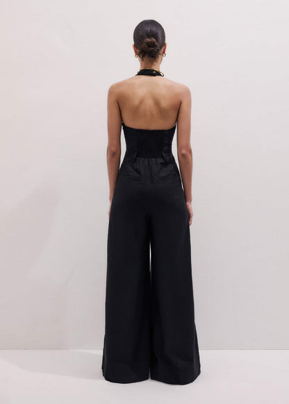 ME+EM Black Crease-Less Linen Halterneck Wide Jumpsuit