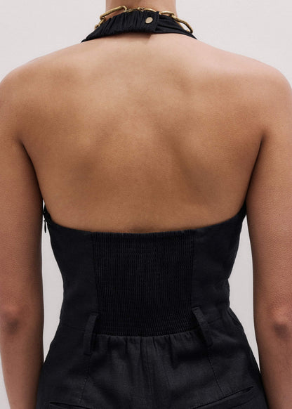 ME+EM Black Crease-Less Linen Halterneck Wide Jumpsuit