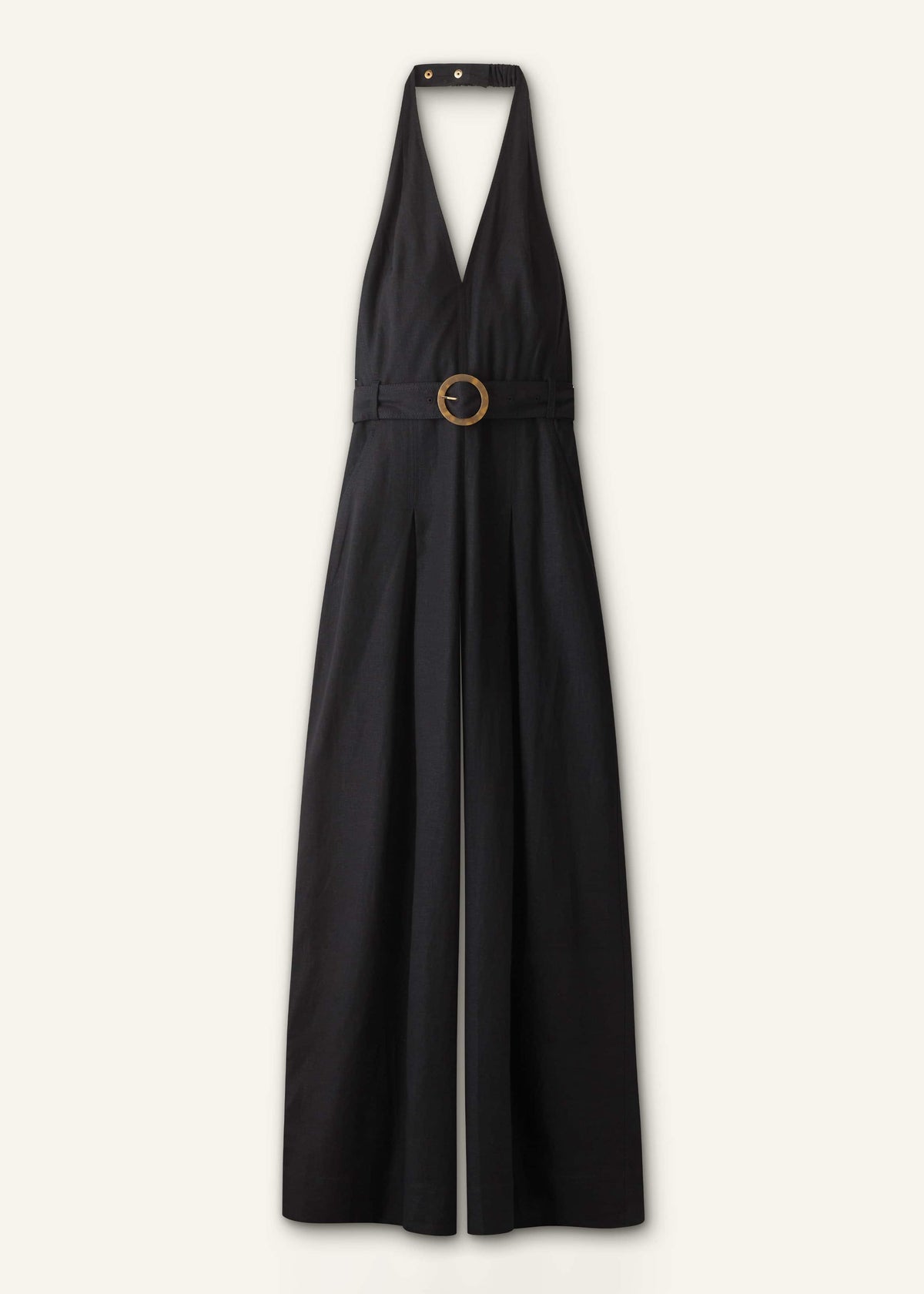 ME+EM Black Crease-Less Linen Halterneck Wide Jumpsuit