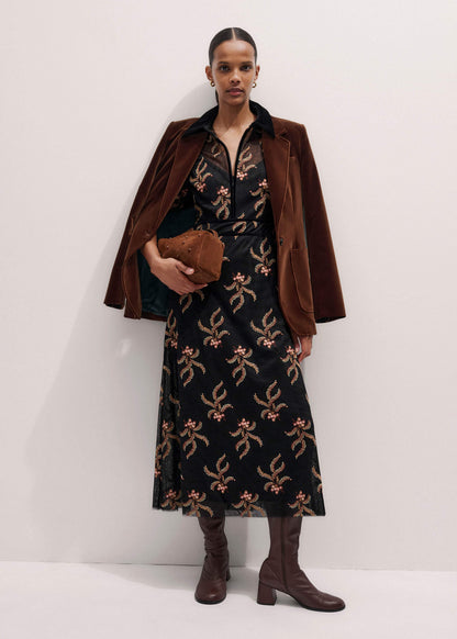 ME+EM Black Autumn Floral Embroidery Maxi Dress