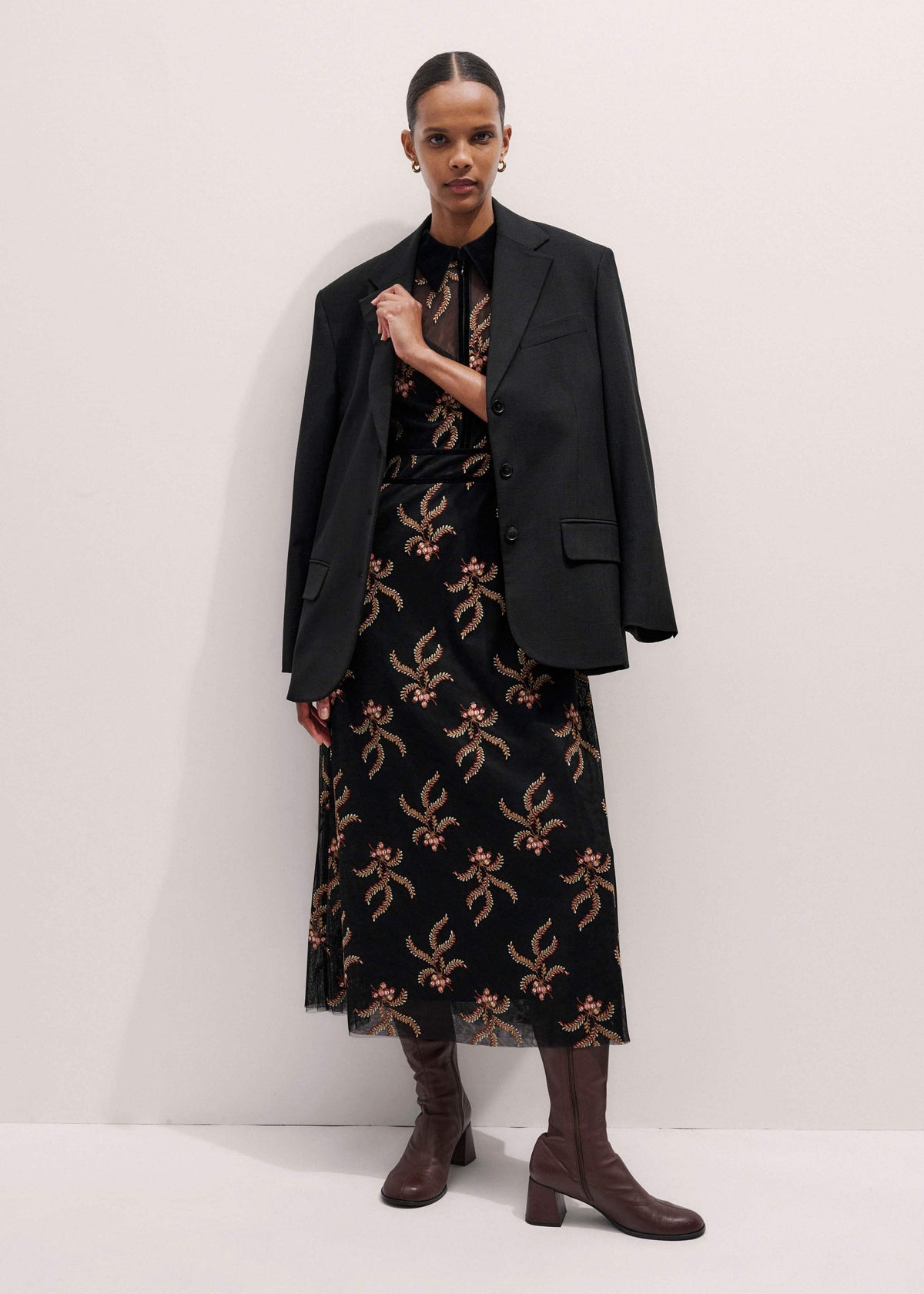 ME+EM Black Autumn Floral Embroidery Maxi Dress