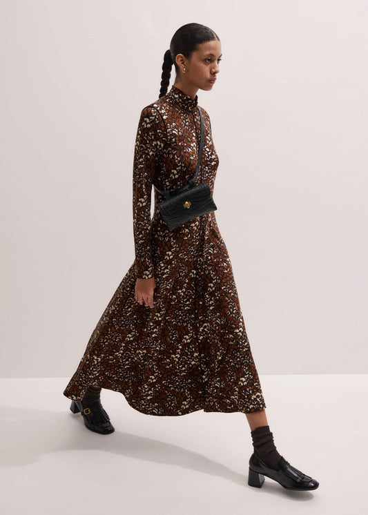 ME+EM Brown Twisting Feather Print High Neck Maxi Dress