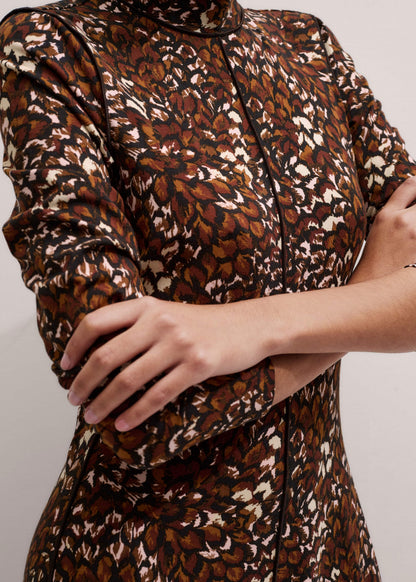 ME+EM Brown Twisting Feather Print High Neck Maxi Dress
