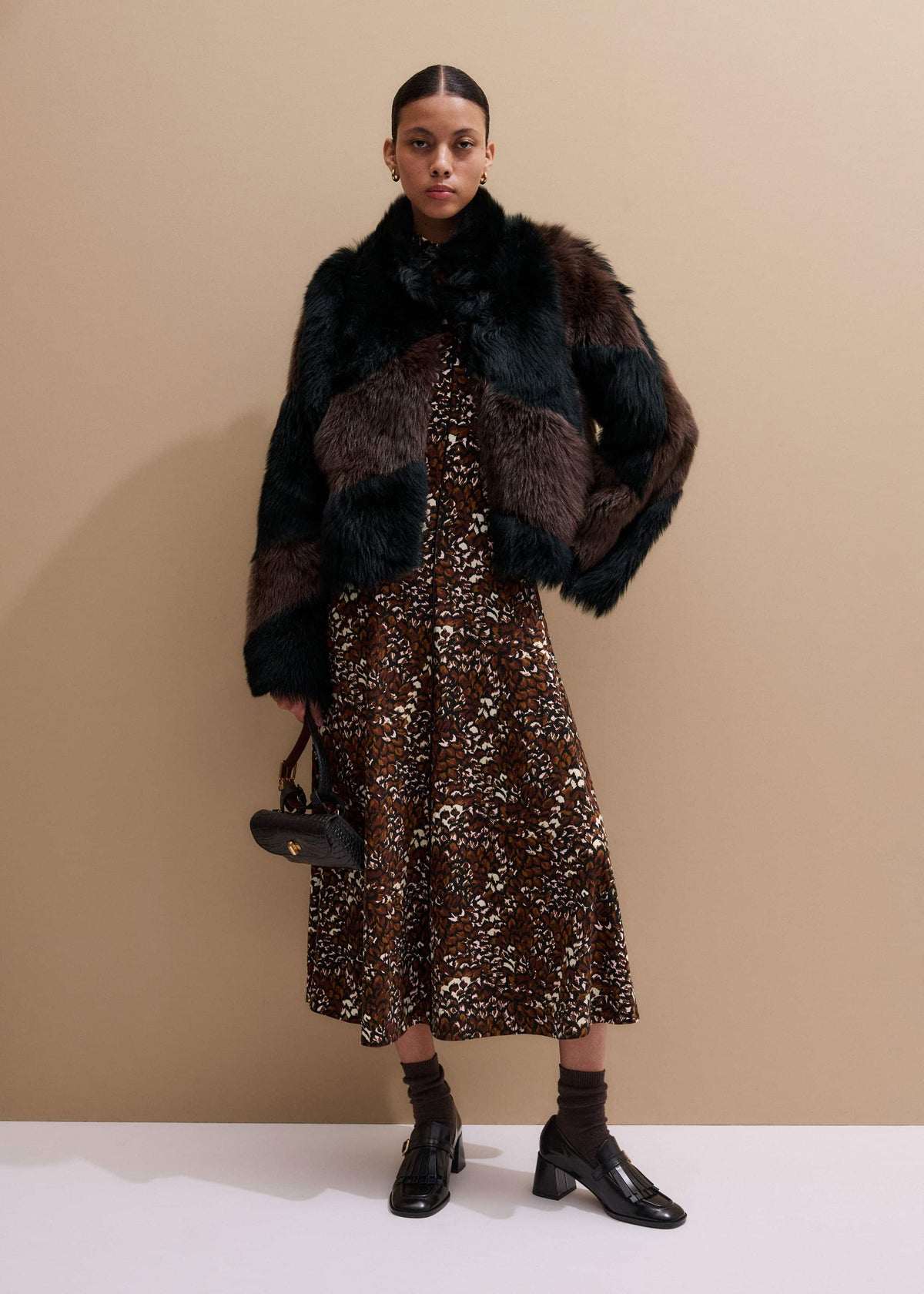 ME+EM Brown Twisting Feather Print High Neck Maxi Dress