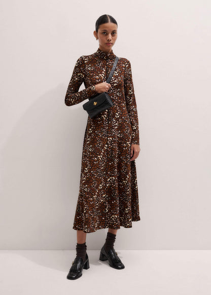 ME+EM Brown Twisting Feather Print High Neck Maxi Dress