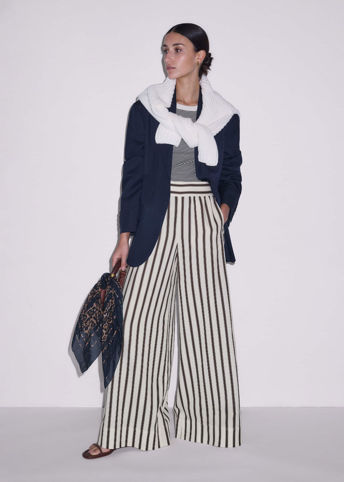 ME+EM Cream Linen-Blend Spring Stripe Wide-Leg Pant