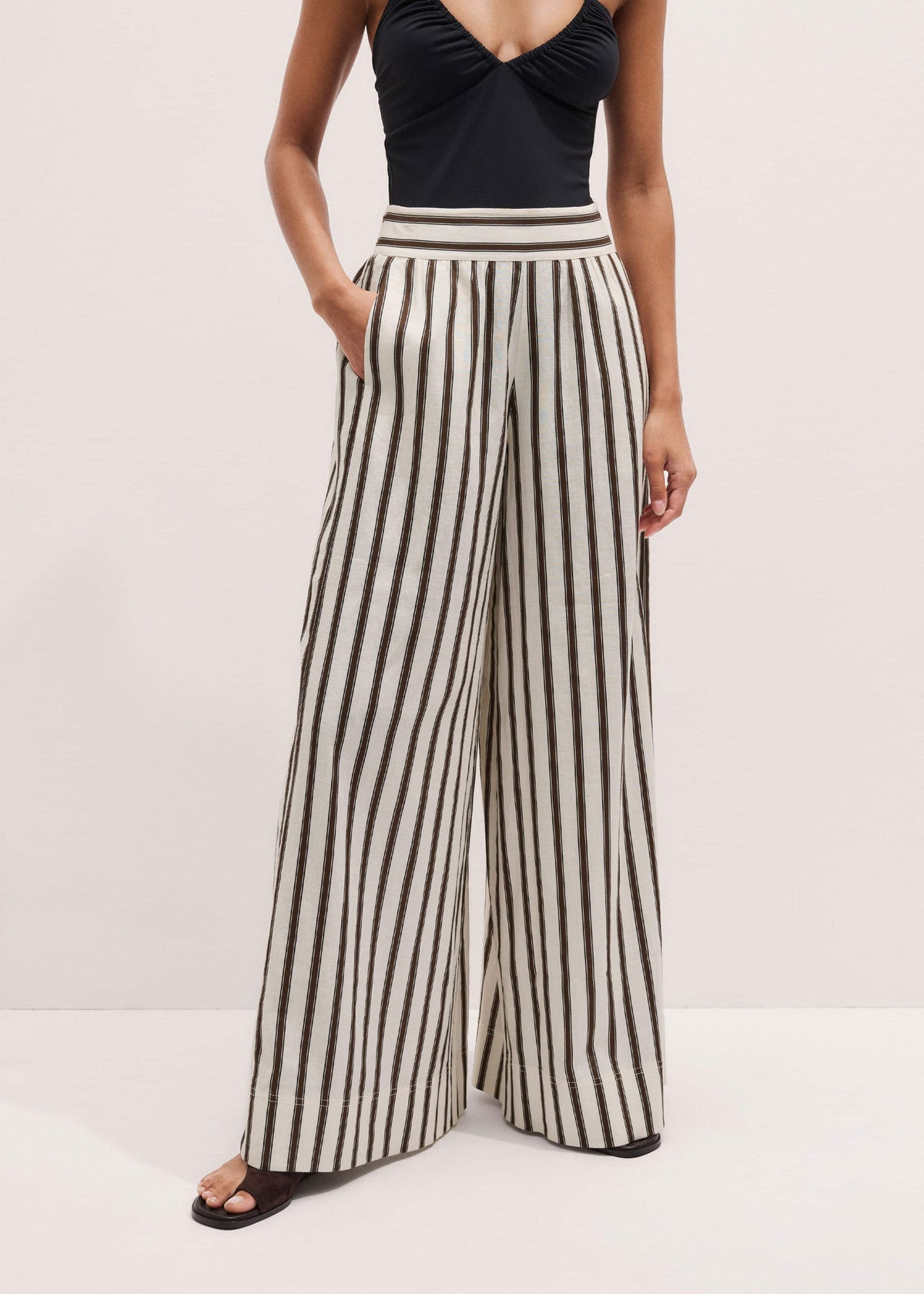 ME+EM Cream Linen-Blend Spring Stripe Wide-Leg Pant