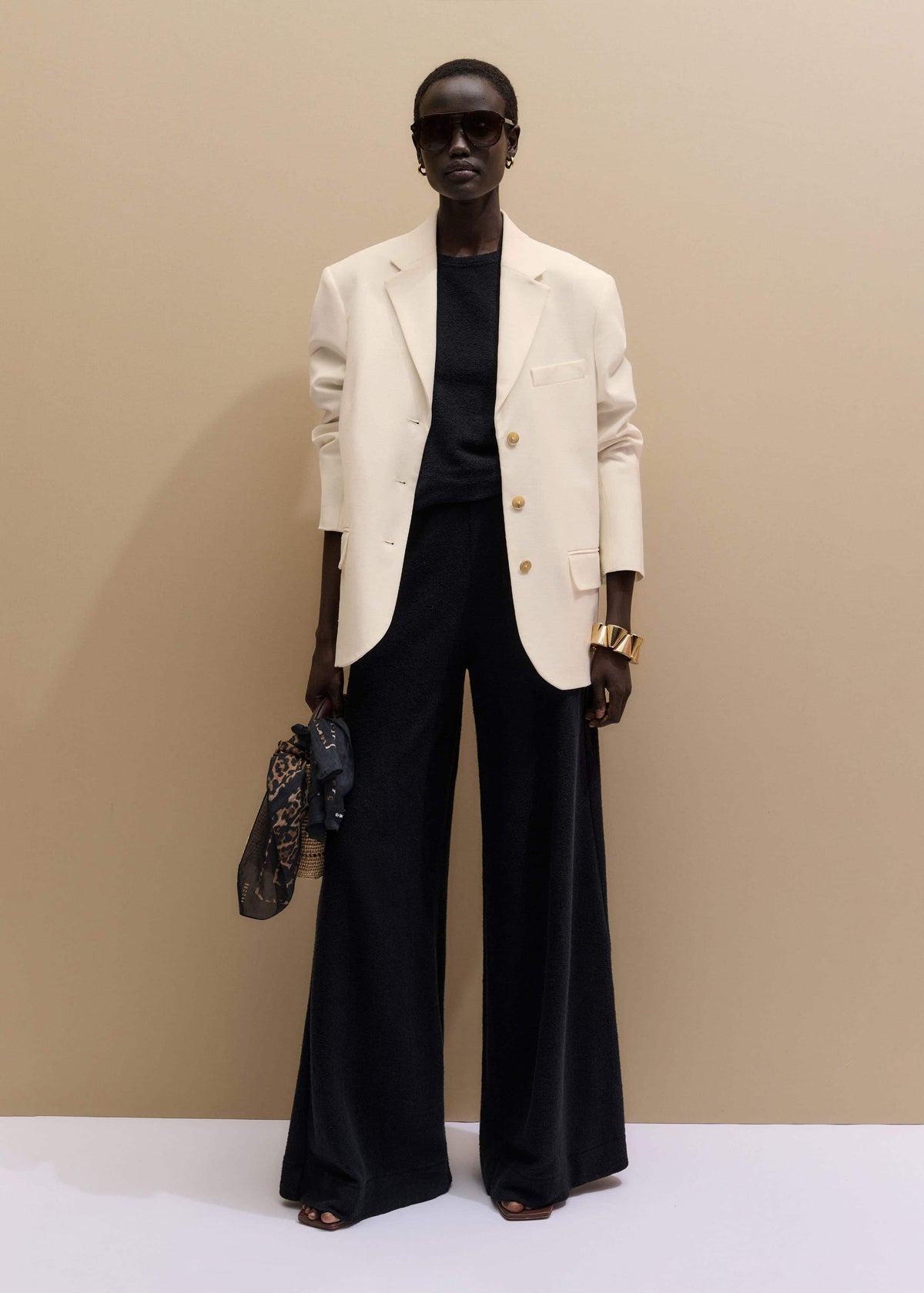 ME+EM Black Textured Wide-Leg Palazzo Pant