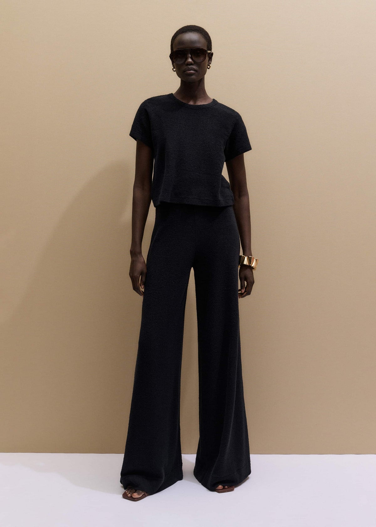 ME+EM Black Textured Wide-Leg Palazzo Pant