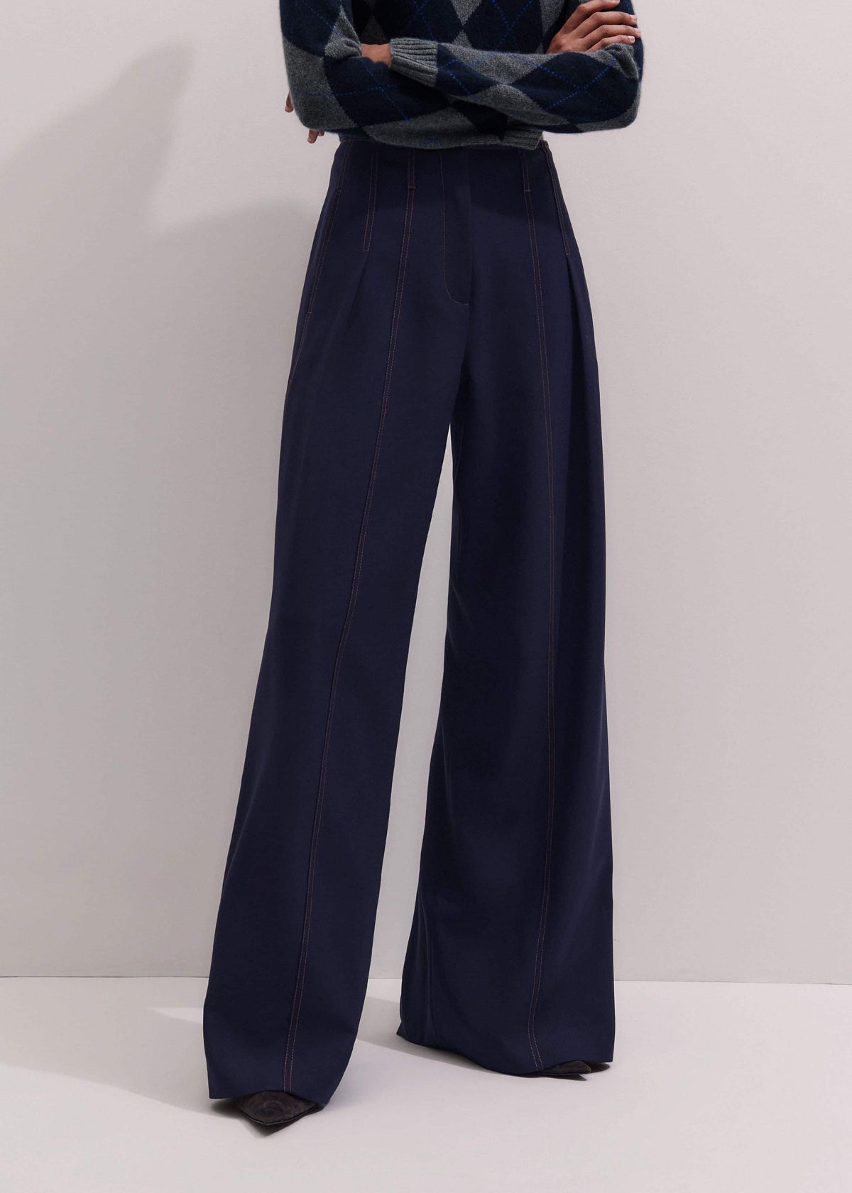 ME+EM Navy Contrast Top Stitch Wide-Leg Pant
