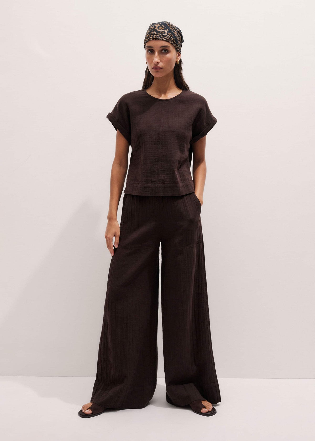 ME+EM Brown Cheesecloth Wide-Leg Pant