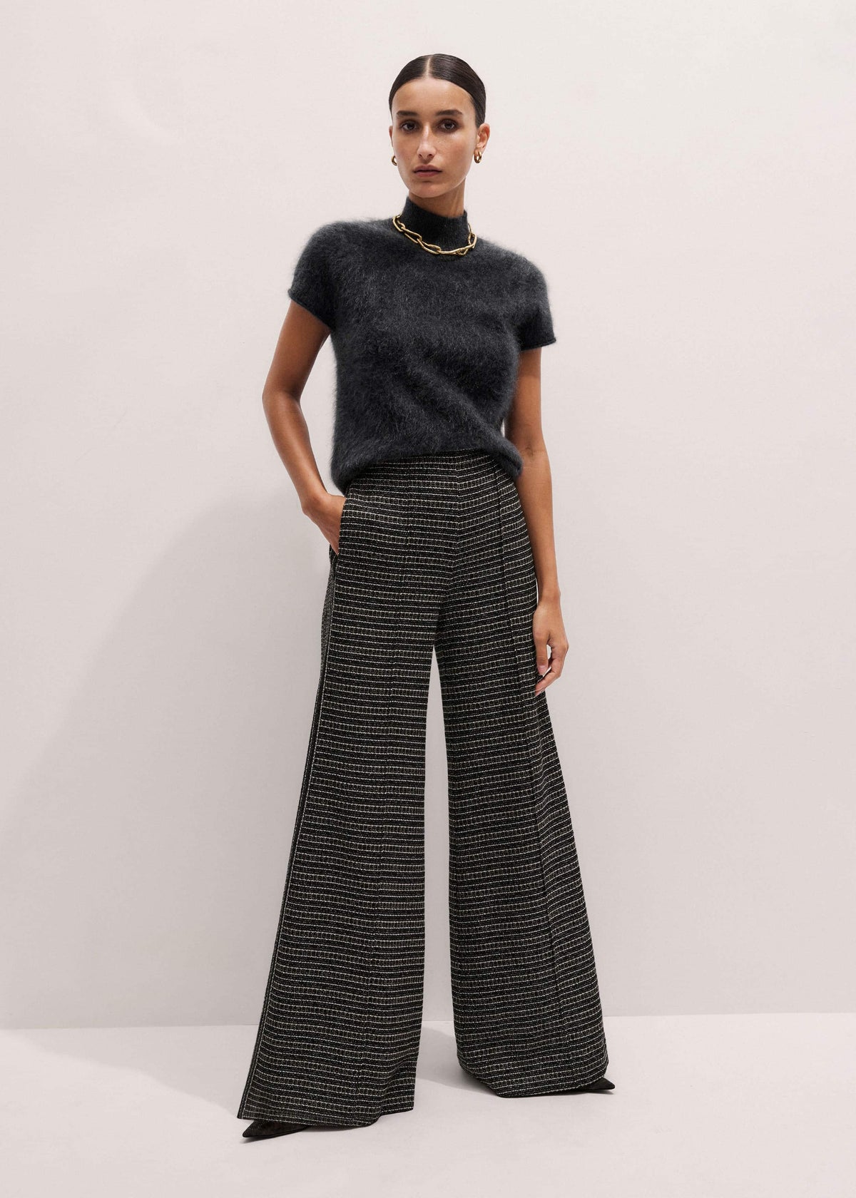 ME+EM Black Stripe Tweed Wide-Leg Pant