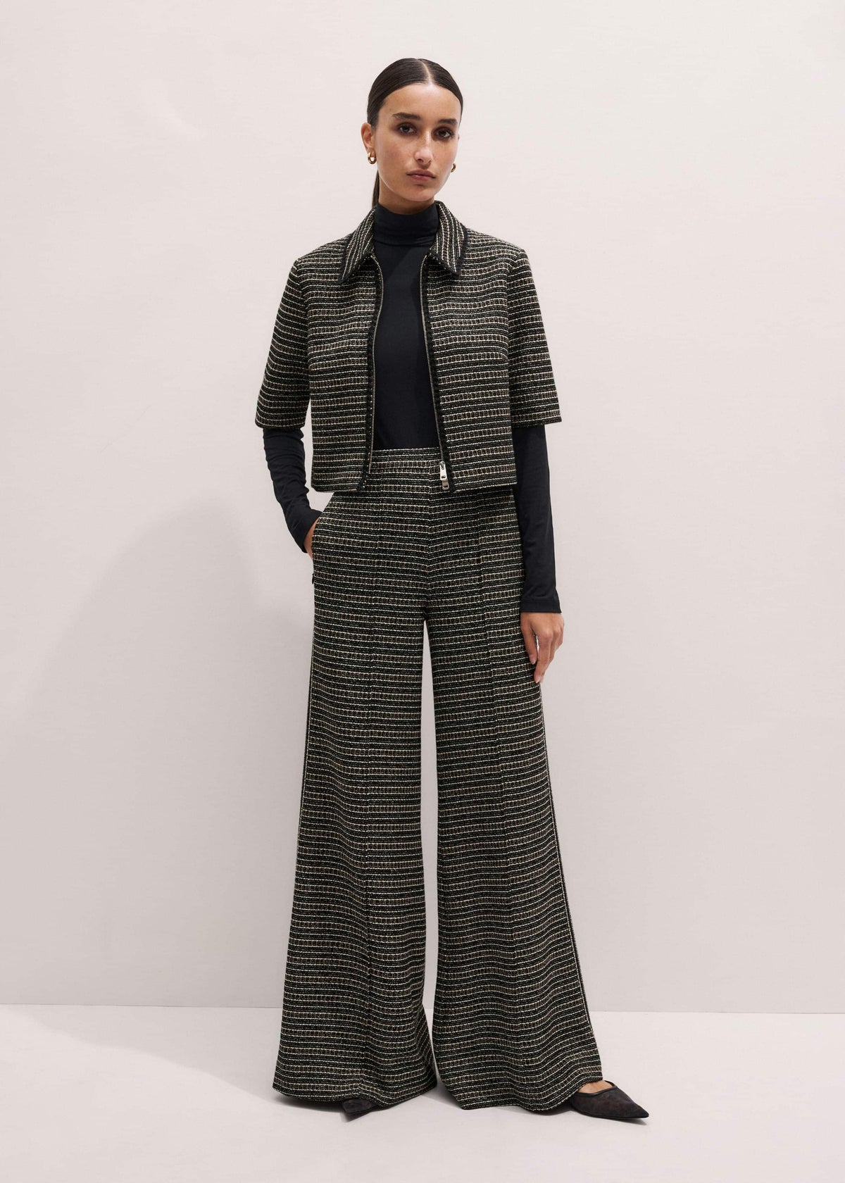 ME+EM Black Stripe Tweed Wide-Leg Pant