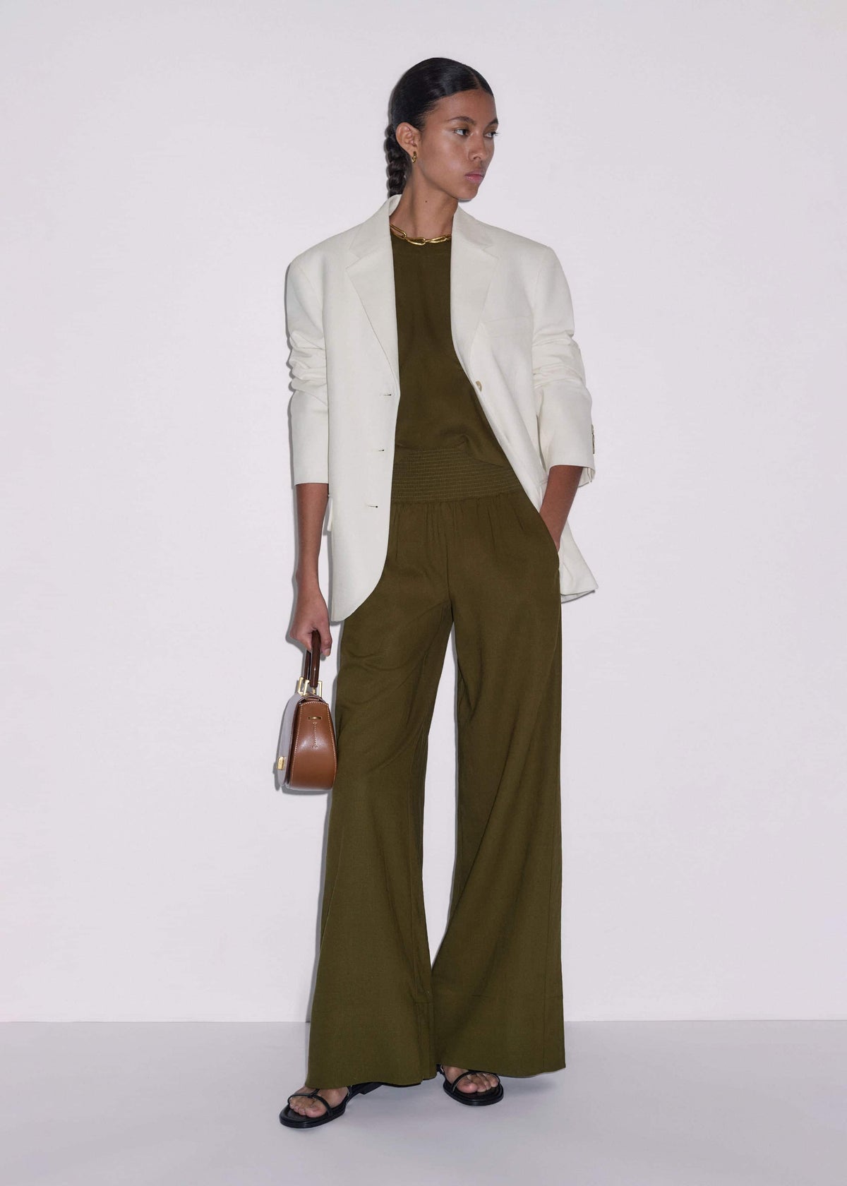 ME+EM Olive Green Shirred Wide Pant