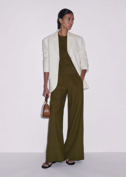 ME+EM Olive Green Shirred Wide Pant